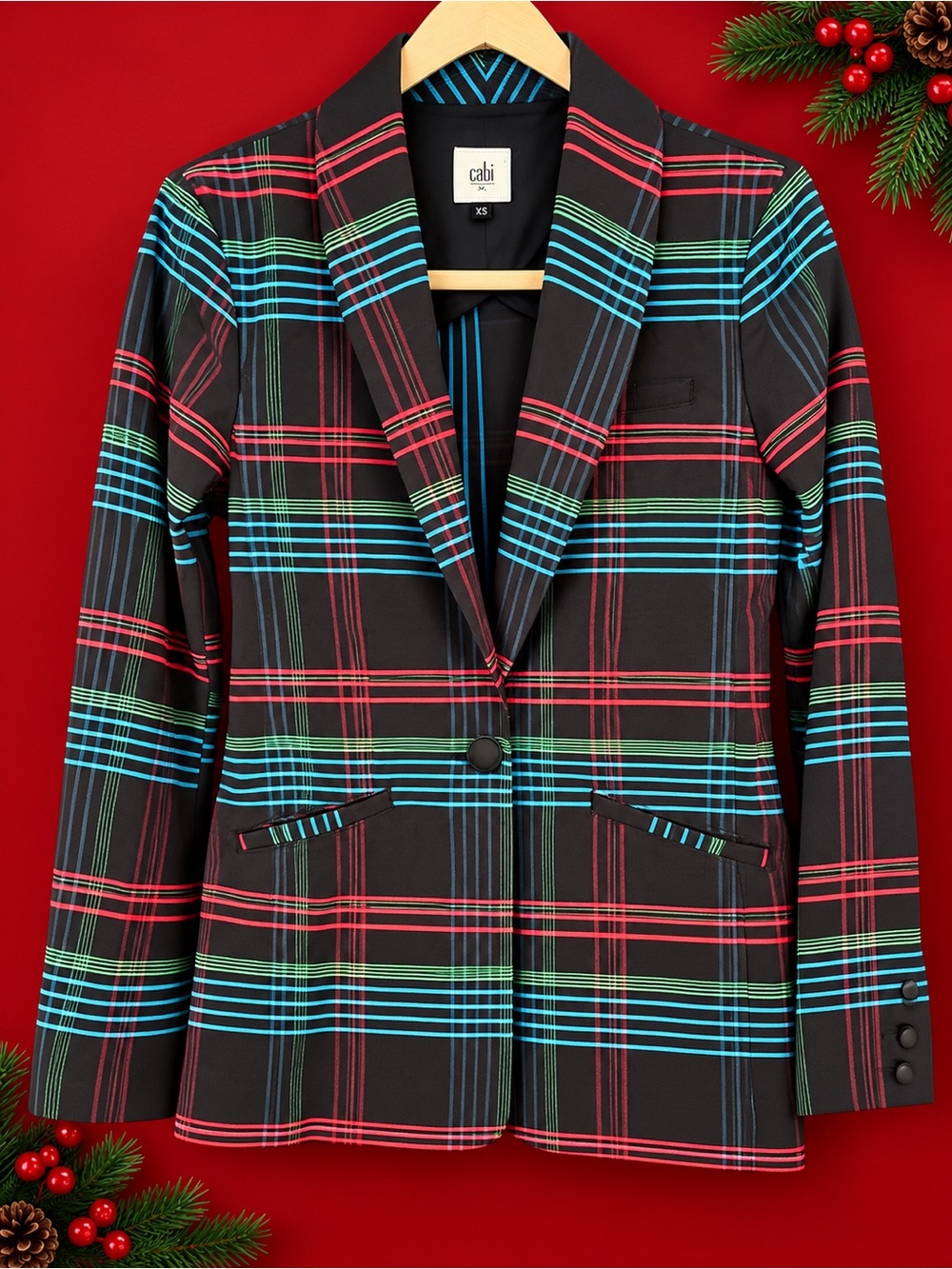CAbi Black Plaid Blazer with Red and Teal Stripes